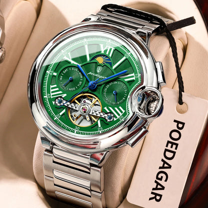 POEDAGAR men’s watch, luxury and professional style, with date and day display, tourbillon, stainless steel case, automatic mechanical movement and water resistance.