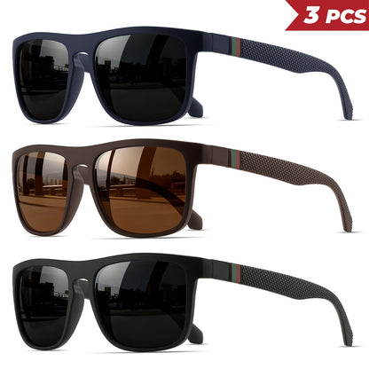 3PCS Classic Retro Polarized Square Sunglasses - Red/Green Stripe Temples, UV400 Unisex for Daily, Outdoor, Fishing & Driving