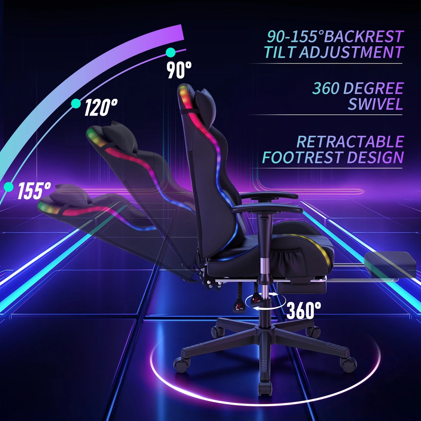 Silla gaming LED para niños de 8-15 años, silla gamer ajustable con iluminación LED, reposapiés y soporte lumbar, silla ergonómica para PC