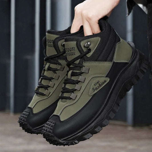 Zwarte en witte mid-top wandelschoenen voor heren, waterdichte leren platform sneakers, antislip casual schoenen voor buiten met stevige zool