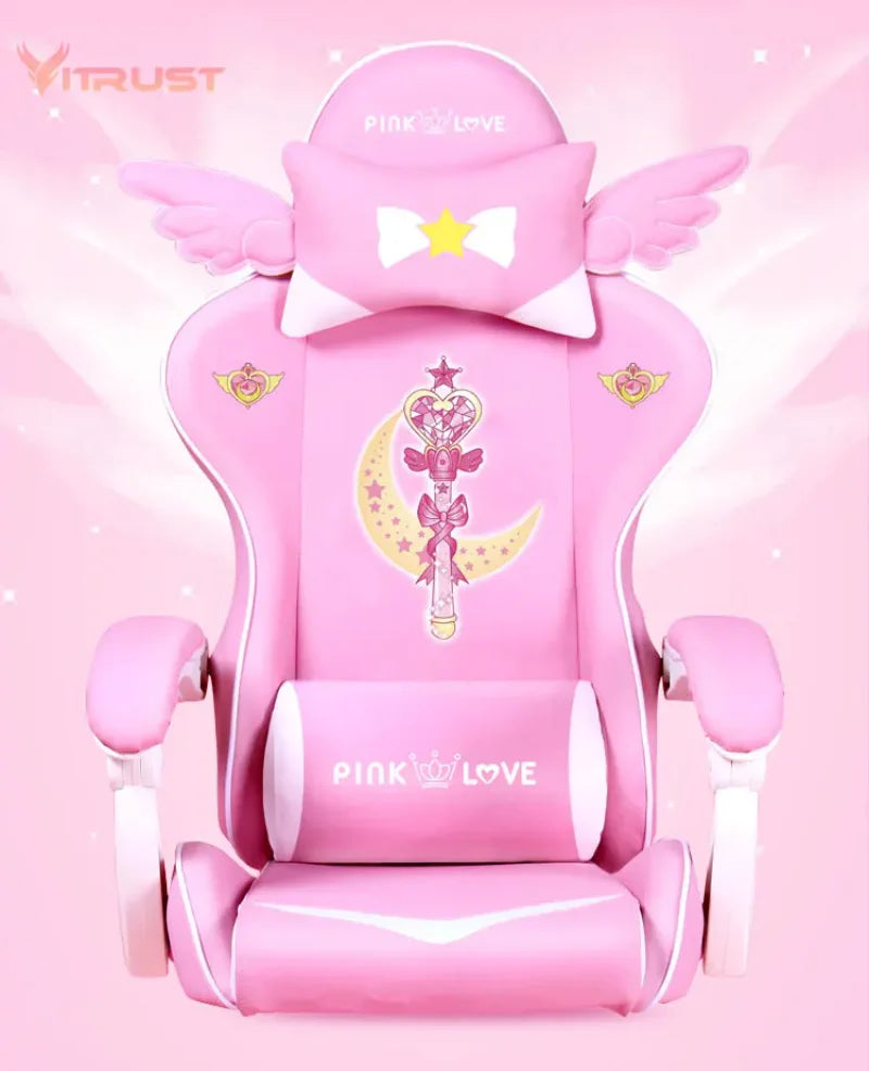 Pink Gaming Chair for Girls, Cute Comfortable Gaming Chair with Armrests, Swivel Height Adjustable Gamer Chair for Bedroom, Office & Streaming