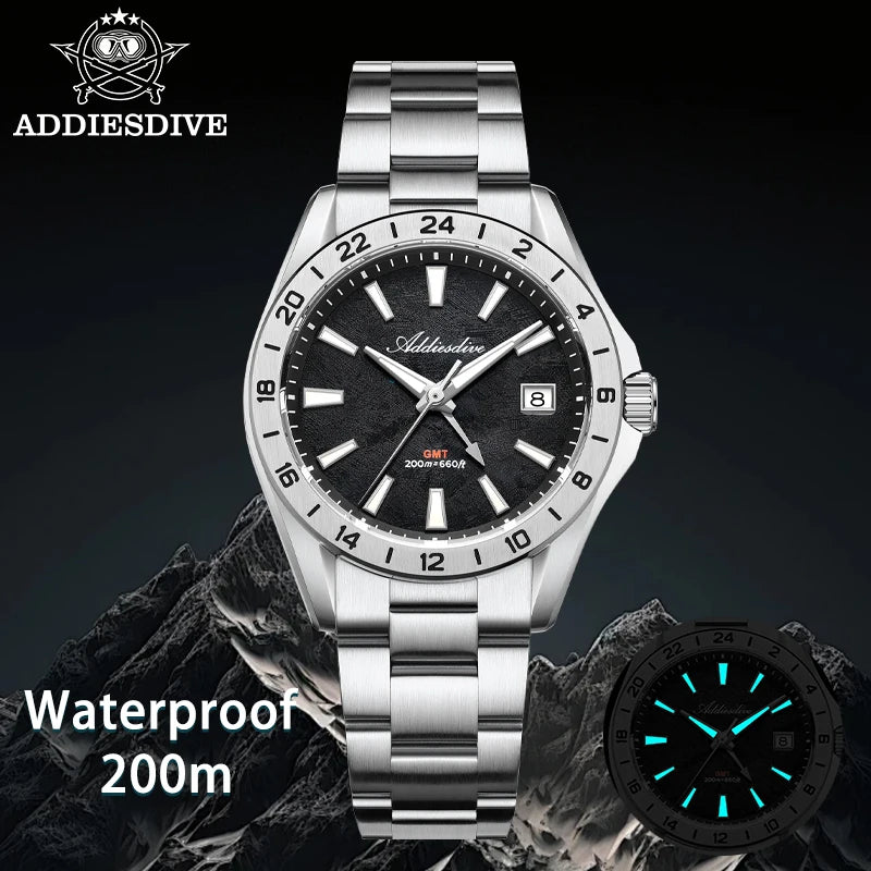 ADDIESDIVE GMT Men Quartz Watch Sapphire Crystal Swiss Ronda 515-24H Dual Time BGW9 Super Luminous 20Bar Waterproof Diver Watch