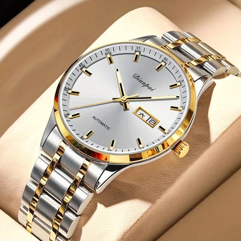 Reloj mecánico automático para hombre Dianpai: modelo de lujo, esfera luminiscente, diseño clásico y elegante, de acero inoxidable, resistente al agua, con calendario e indicación del día de la semana