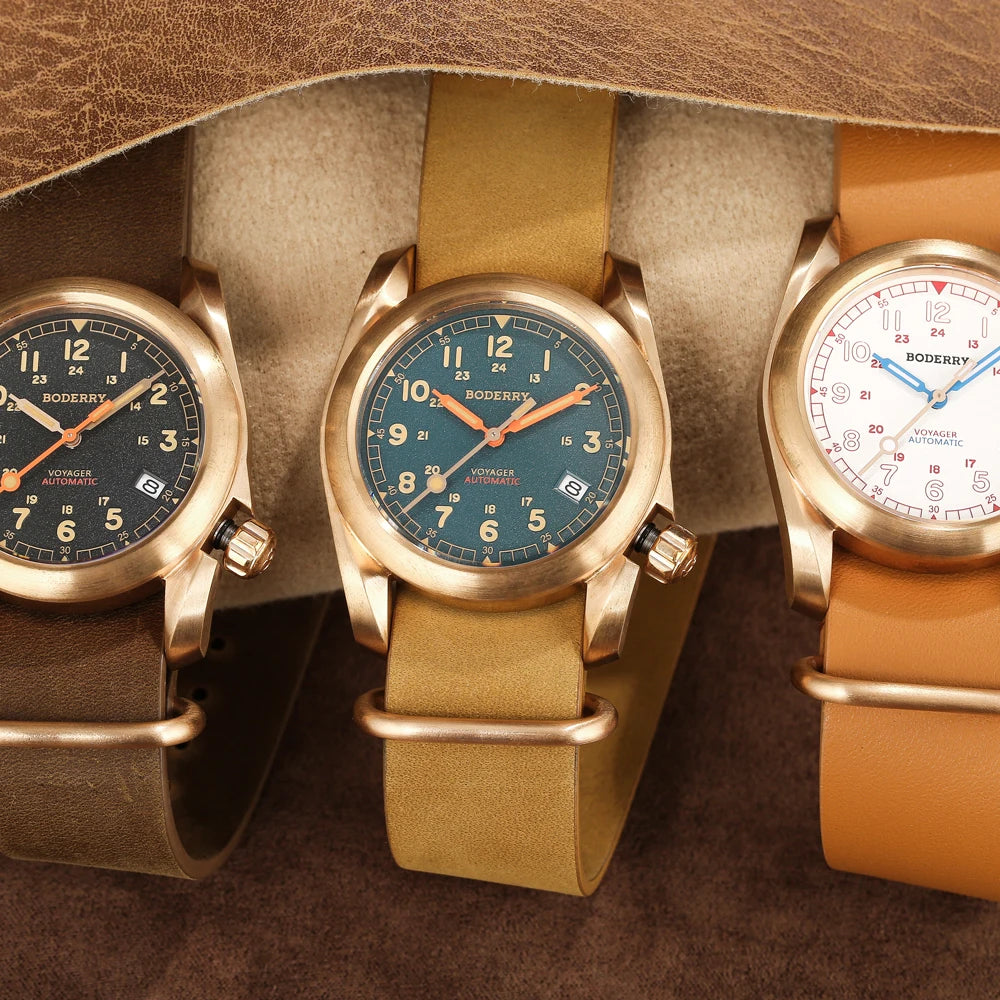 Boderry Field Watches Bronze Case Automatic Mechanical VOYAGER Watch Men's 100M Waterproof Clock Military Top Brand Wristwatch