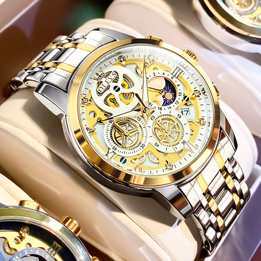 OLEVS men’s watch – Luxury model, water-resistant, quartz, skeletonised style, 24-hour display (day/night), gold colour