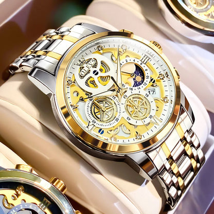 OLEVS men’s watch – Luxury model, water-resistant, quartz, skeletonised style, 24-hour display (day/night), gold colour