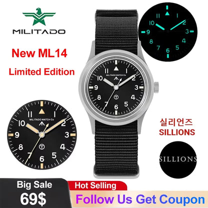 Militado ML14 Limited Edition Quartz Watch VH31 Sweep Second Quartz Movement Watch Sapphire Crystal BGW9 C3 Luminous Men's Watch