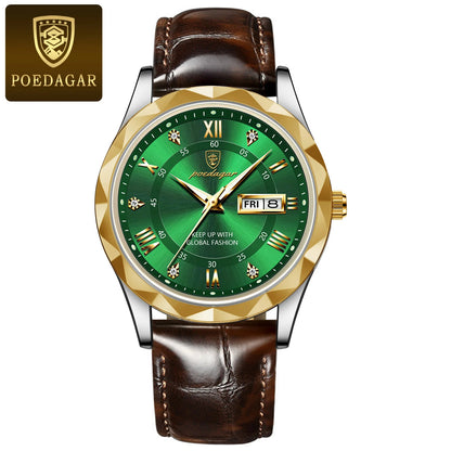 Montre pour homme POEDAGAR, modèle original de luxe : étanche, luminescente, avec affichage de la date et du jour. Montre à quartz au style classique et professionnel, dotée d'un bracelet en cuir.