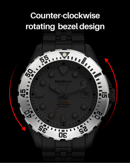 BERNY Men's Automatic Diver Watch Supper Luminous Sapphire AR Coated MIYOTA 8215 316LStainless Steel Single Crown Diving Watches