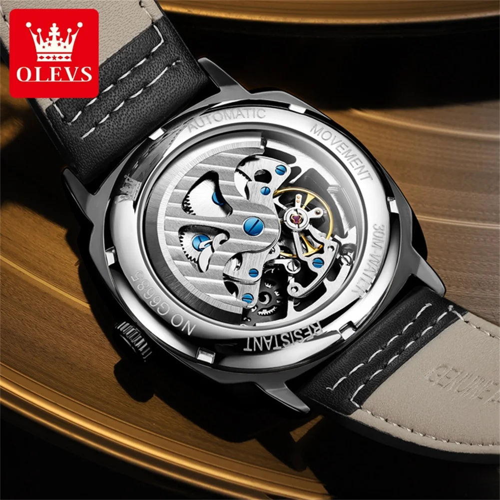 OLEVS 6685 Men's Watches Mechanical Wristwatch 30m Waterproof Luminous Leather Strap Original Man Watch