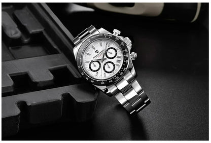 Męski zegarek chronograf PAGANI DESIGN – Luksusowy zegarek na rękę z mechanizmem kwarcowym, podświetlany i wodoodporny.