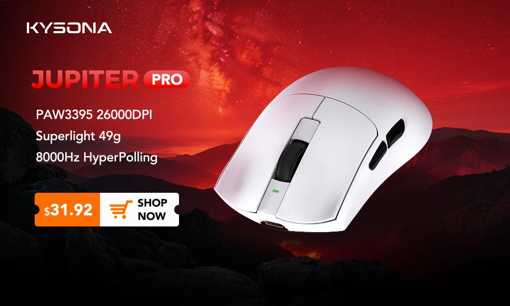 Mouse de gaming KYSONA Jupiter Series cu fir și wireless, 8Khz, senzor PAW3950, Bluetooth, 46g, reîncărcabil, driver web pentru PC și laptop