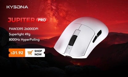 Mouse de gaming KYSONA Jupiter Series cu fir și wireless, 8Khz, senzor PAW3950, Bluetooth, 46g, reîncărcabil, driver web pentru PC și laptop