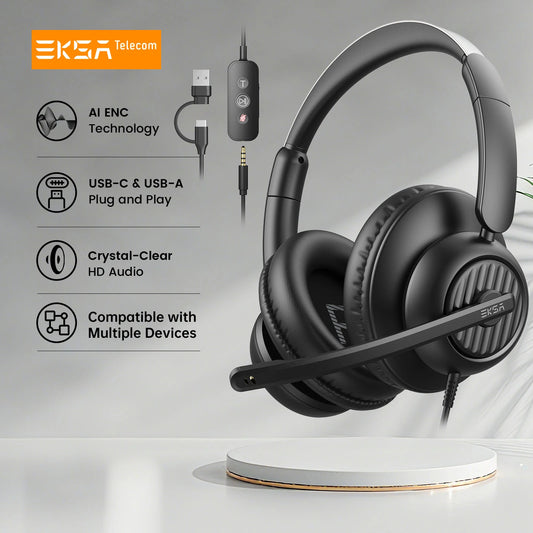 EKSA H8 Professional Office Headset with ENC Noise Cancelling Microphone, USB-A, USB-C & 3.5mm Wired Office Headset for PC, Laptop & Mobile