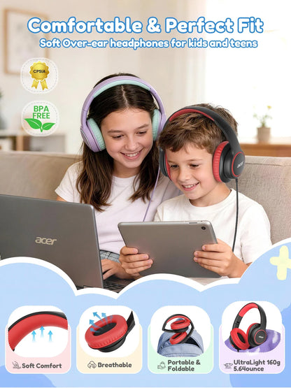 Casque filaire Acer pour enfants, idéal pour l’école, avec prise jack 3,5 mm, pliable, à porter sur les oreilles, pour les jeunes garçons et les jeunes filles, niveau sonore sécurisé de 85/94 dB.