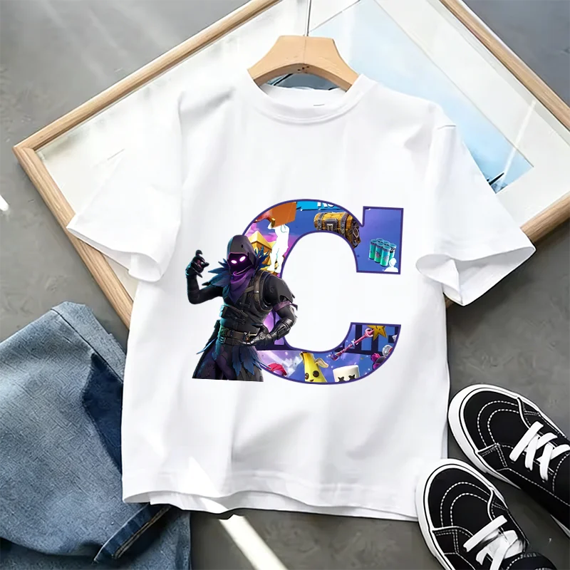 Fortnite A-Z Alphabet Print T Shirt Summer Kids White Clothing Popular Cartoon Game T Shirt Fashion Casual Short Sleeve Top Gift