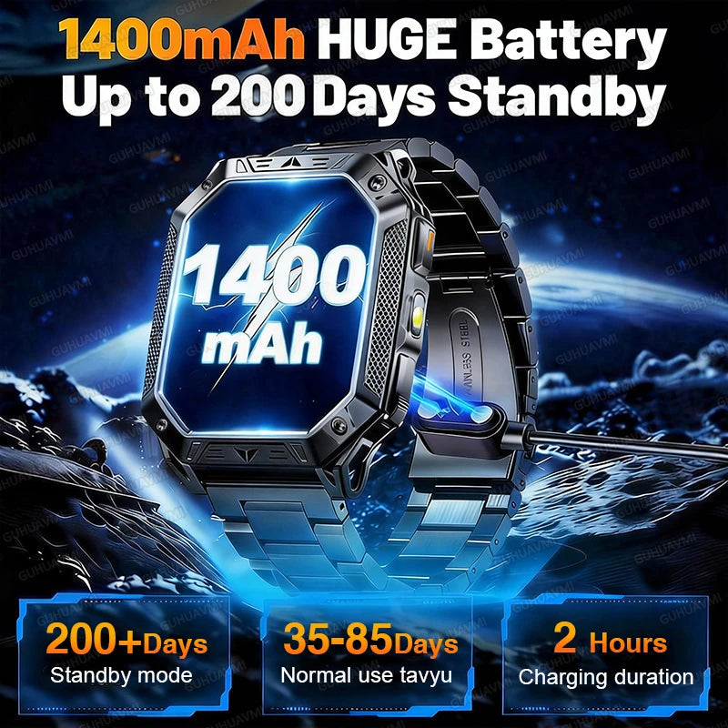 2026 TANK New 1400mAh Military GPS Smart Watch Men 2.01" AMOLED Screen 10ATM Waterproof Clock SOS Call Flashlight Smartwatch iOS