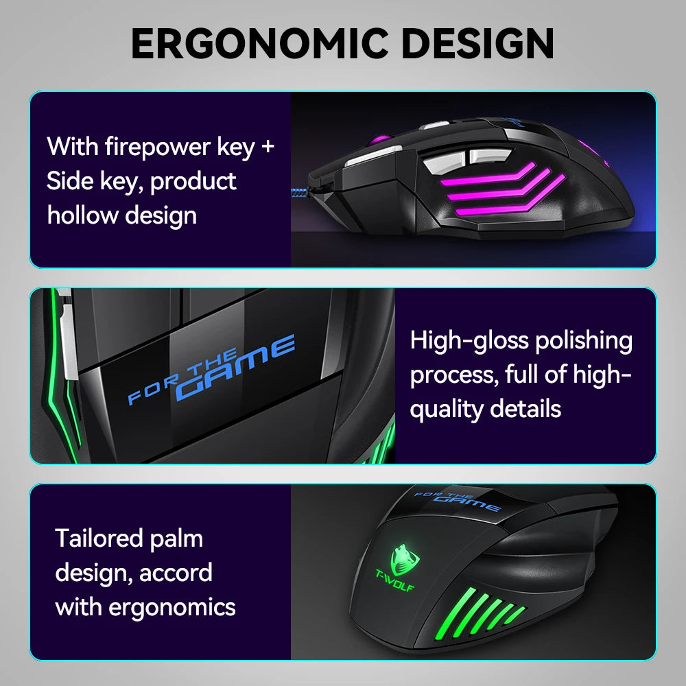 T-WOLF Wired Gaming Mouse 7-Button RGB Backlit Ergonomic Mechanical Mouse for PC Gamer