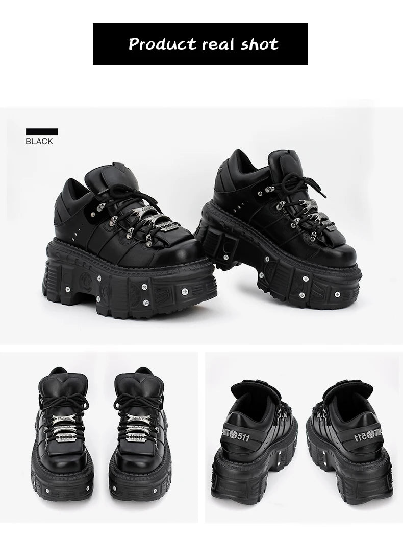 Damskor i punkstil, snörning, klackhöjd 6 cm, platåskor, gotiska ankelstövlar för kvinnor, rockstövlar, metalldekor, damsneakers