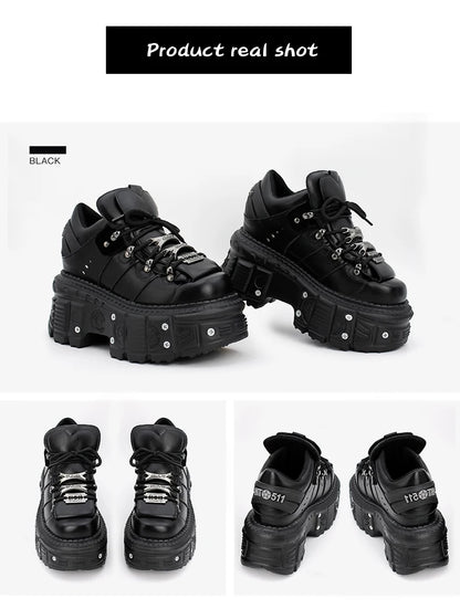 Damskor i punkstil, snörning, klackhöjd 6 cm, platåskor, gotiska ankelstövlar för kvinnor, rockstövlar, metalldekor, damsneakers