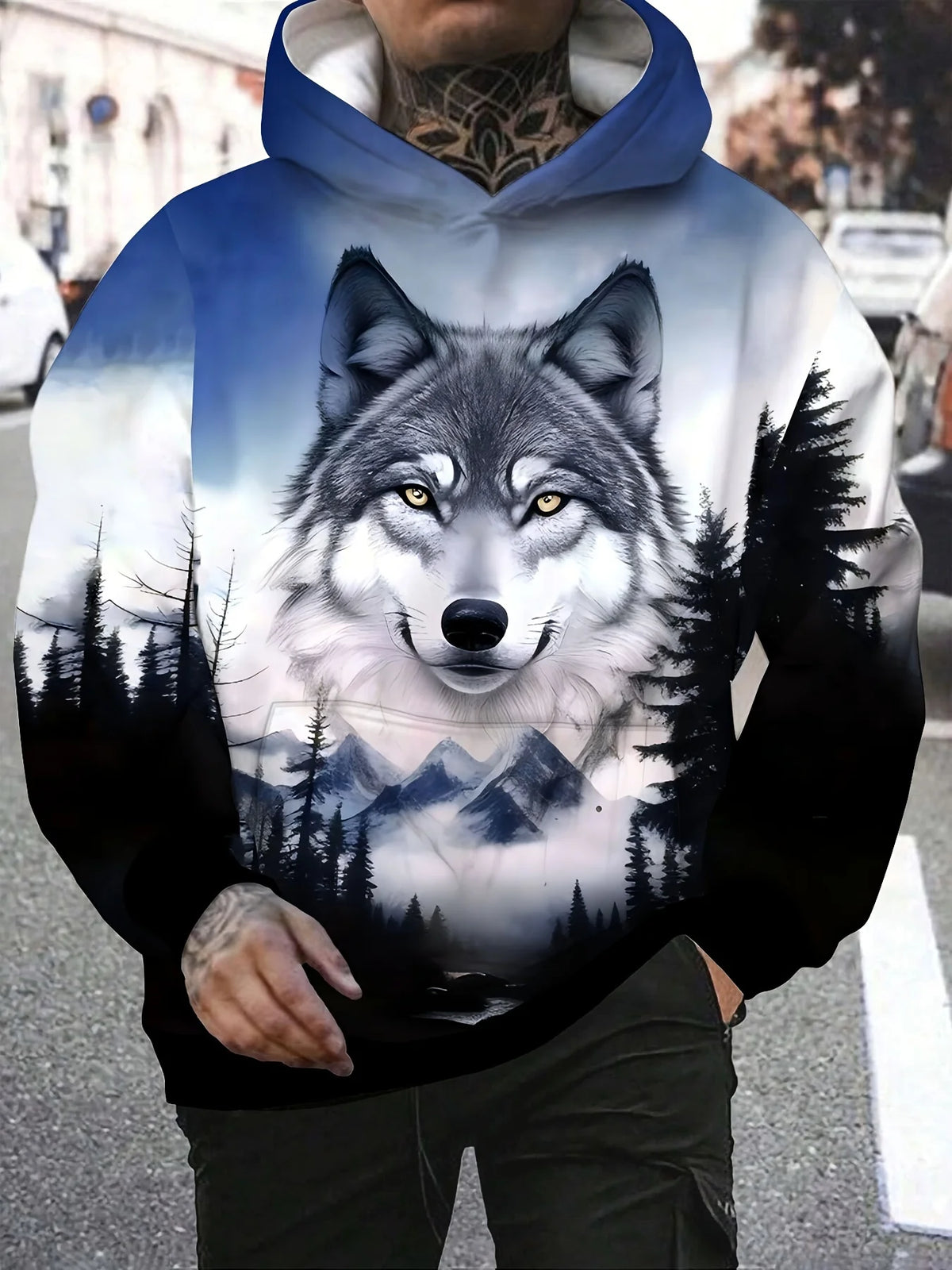 Graphisme « Loup » - Mode masculine - Imprimé 3D - Sweat à capuche outdoor - Streetwear - Sweats à capuche - Poche avant - Sweat à capuche de créateur