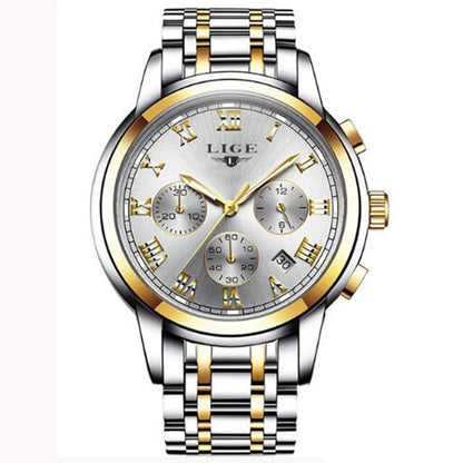 Montre pour homme LIGE – Chronographe de luxe, style sport décontracté, étanche, entièrement en acier, mouvement à quartz