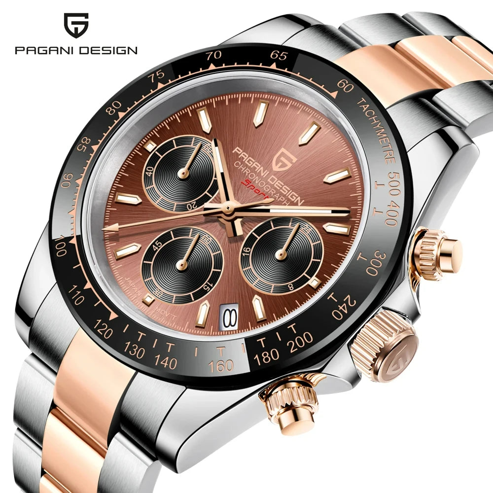Męski zegarek chronograf PAGANI DESIGN – Luksusowy zegarek na rękę z mechanizmem kwarcowym, podświetlany i wodoodporny.