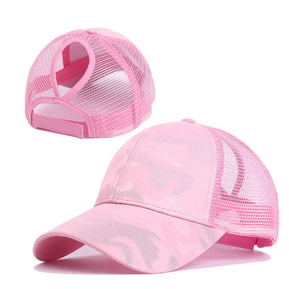 2024 New Summer Camouflage Mesh Trucker Hat Snapback Cap Chapeau Femme Fashion Messy Hair Bun Ponytail Baseball Caps for Women