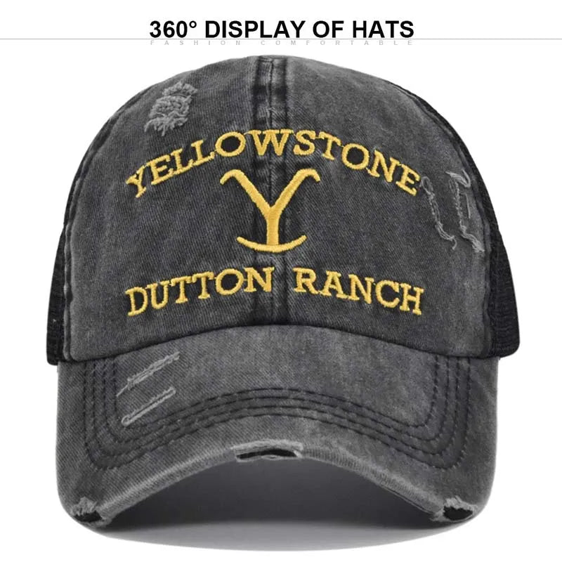 Summer Yellowstone Dutton Ranch Hat Cross Ponytail Baseball Cap Distressed Outdoor Embroidery Sunscreen Hat Solid Color Cap