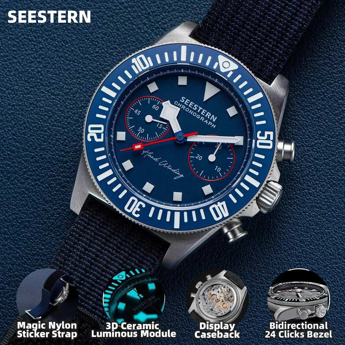 Cronógrafo SEESTERN para homem com movimento mecânico Tianjin ST1901, vidro de safira, bracelete de nylon, autocolante, luminoso, esqueleto