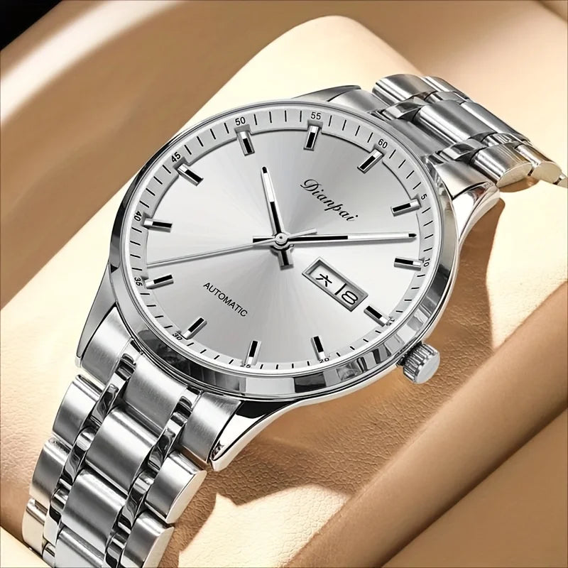 Reloj mecánico automático para hombre Dianpai: modelo de lujo, esfera luminiscente, diseño clásico y elegante, de acero inoxidable, resistente al agua, con calendario e indicación del día de la semana