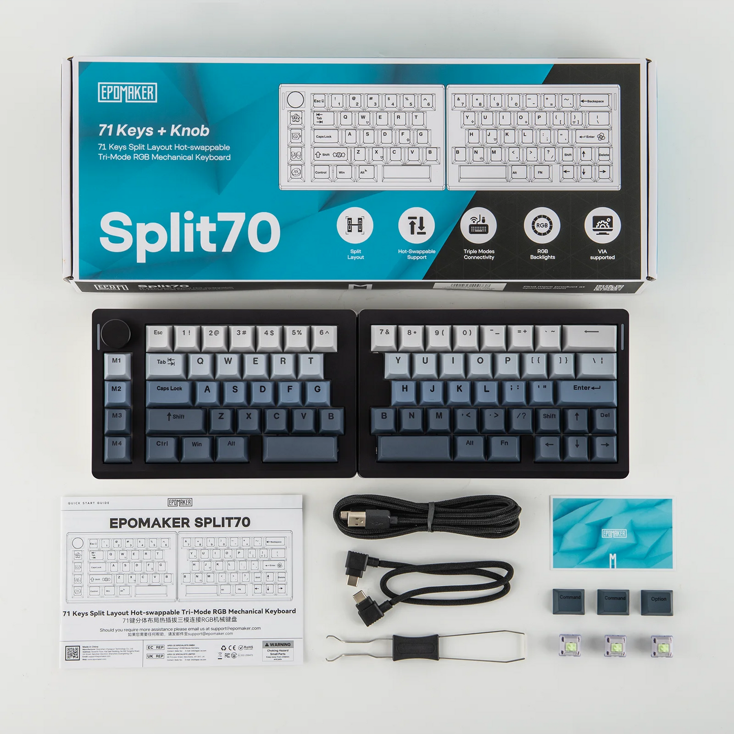 EPOMAKER Split70 QMK/VIA 70% Split Layout Hot-Swap Wired/BT/2.4Ghz Wireless Mechanical Gaming Keyboard with Programmable Knob