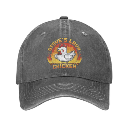 Unisex Chicken Jockey Lava Chicken Print Steves Hat – Modebaseballkasket i distressed-look, vasket, justerbar