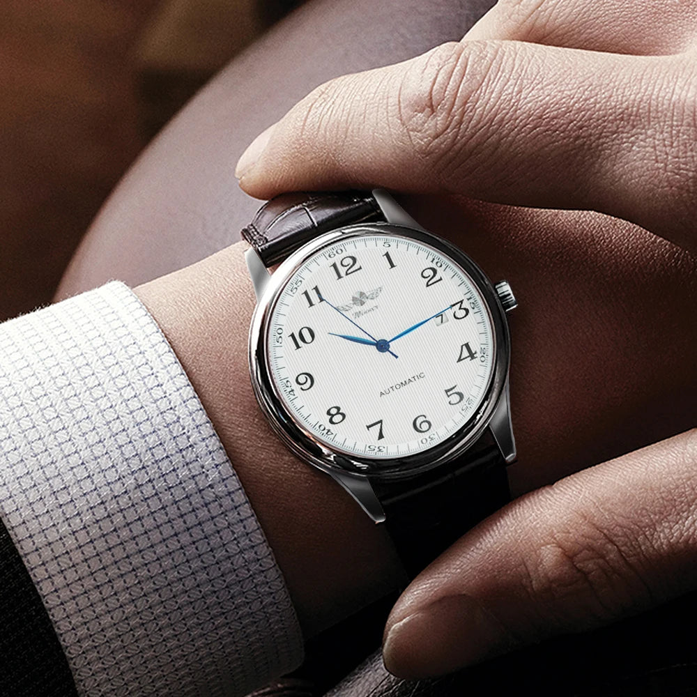 WINNER Men’s Watch – Classic, retro and elegant style – Automatic mechanical watch with date display – Luxury brand, steel case and leather strap