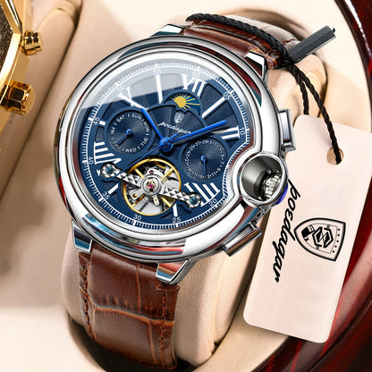 POEDAGAR luksuzni muški sat – automatski mehanički model s prikazom datuma i dana, kožni remen, tourbillon, vodootporan, elegantan i profesionalan stil.
