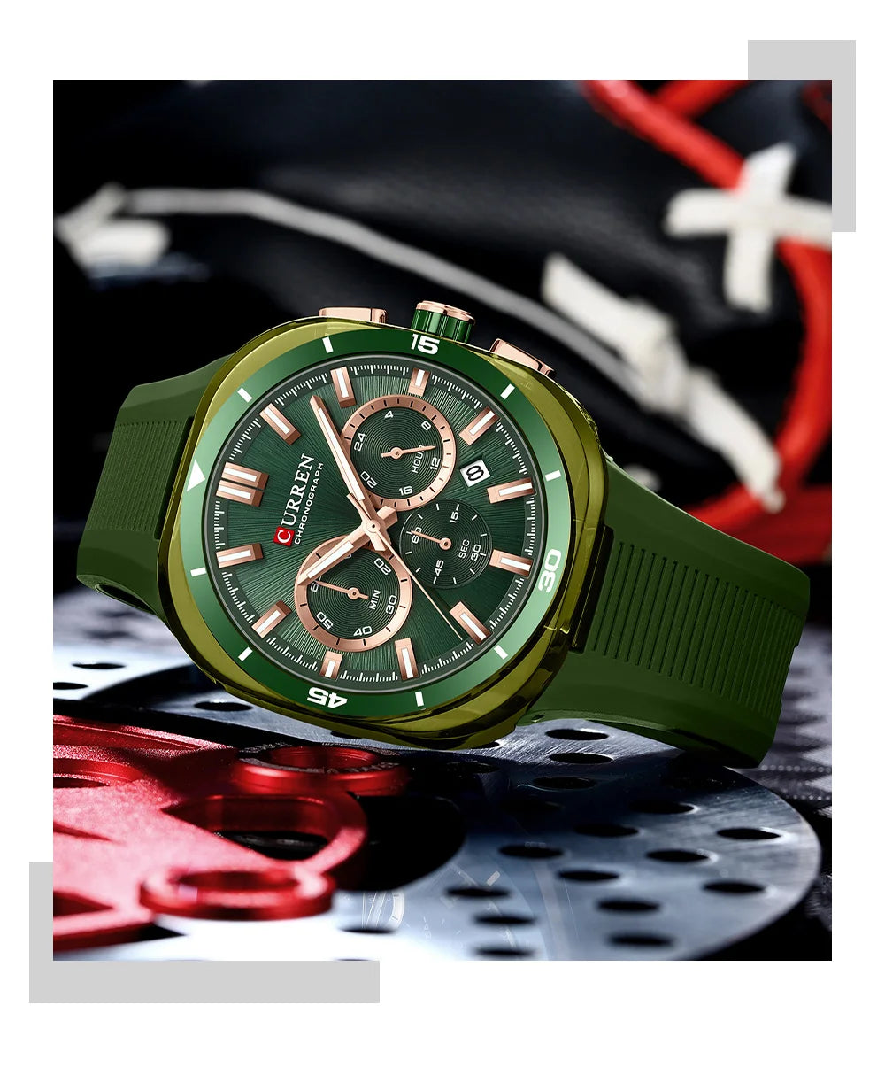 Herrenuhr CURREN – Neues Luxusmodell mit Quarzwerk, Silikonarmband, sportlichem Design, multifunktional, wasserdicht, beleuchtet, mit Datumsanzeige und Stoppuhr.