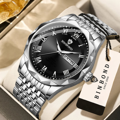 BINBOND Original Brand luxus kvarc karóra férfiaknak, világító, vízálló, automatikus dátum, a hét napjának kijelzése, laza stílus.