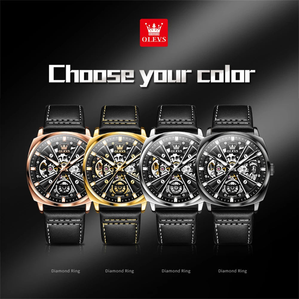 OLEVS 6685 Men's Watches Mechanical Wristwatch 30m Waterproof Luminous Leather Strap Original Man Watch