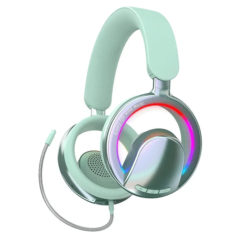 Casque de jeu à oreilles découvertes, écouteurs Bluetooth, effet lumineux RGB, autonomie de 20 heures, batterie de 400 mAh, recharge par USB-C, pliable, confortable.