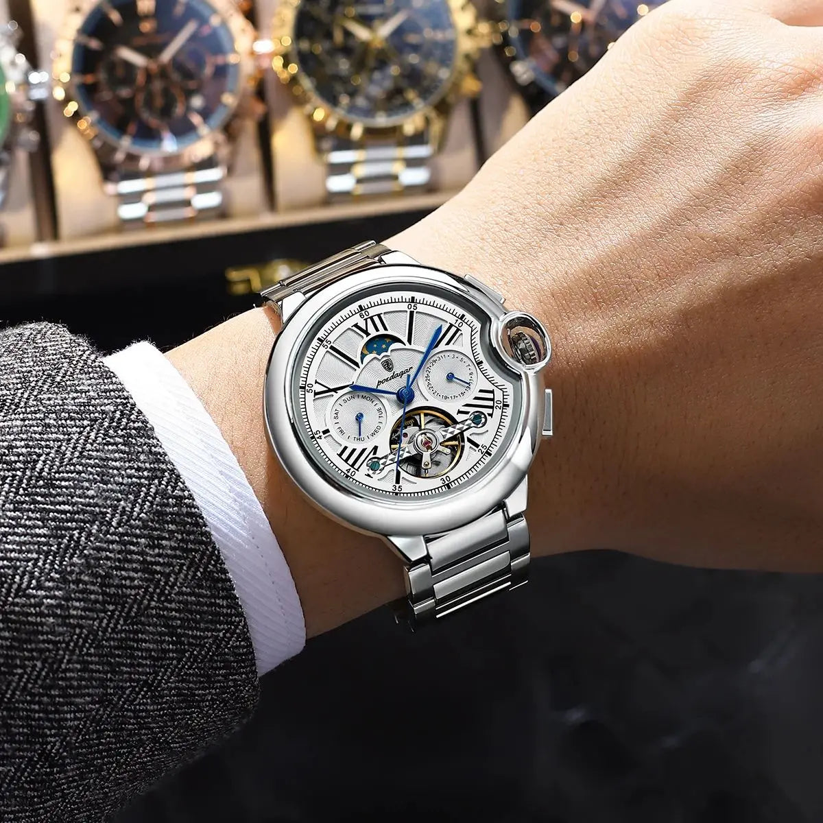 POEDAGAR men’s watch, luxury and professional style, with date and day display, tourbillon, stainless steel case, automatic mechanical movement and water resistance.