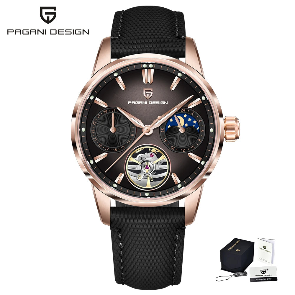 PAGANI DESIGN – Luxe mechanisch herenhorloge, 41 mm, saffierglas, leren band, waterdicht, pilotenstijl, met tourbillon en maanfase
