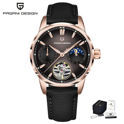 PAGANI DESIGN – Luxe mechanisch herenhorloge, 41 mm, saffierglas, leren band, waterdicht, pilotenstijl, met tourbillon en maanfase