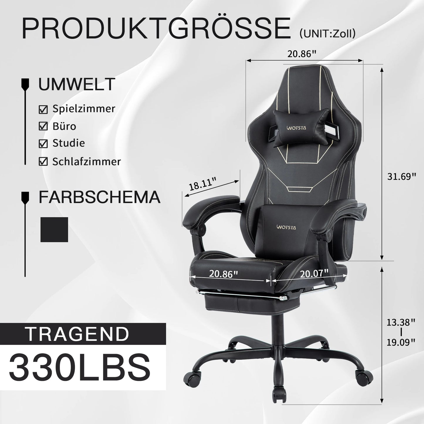 WOTSTA Gaming Stuhl Ergonomisch Gaming Chair Bürostuhl mit Fußstütze Racing Computerstuhl Höhenverstellbar Gepolstert Computerst