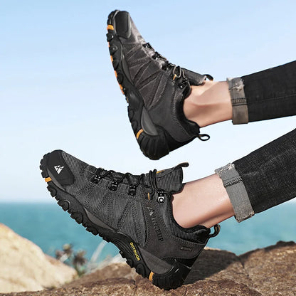 HIKEUP Four-Season Men's Hiking Shoes Outdoor Sports Genuine Leather Wear-Resistant Climbing Shoes Rubber Sole Trekking Sneaker
