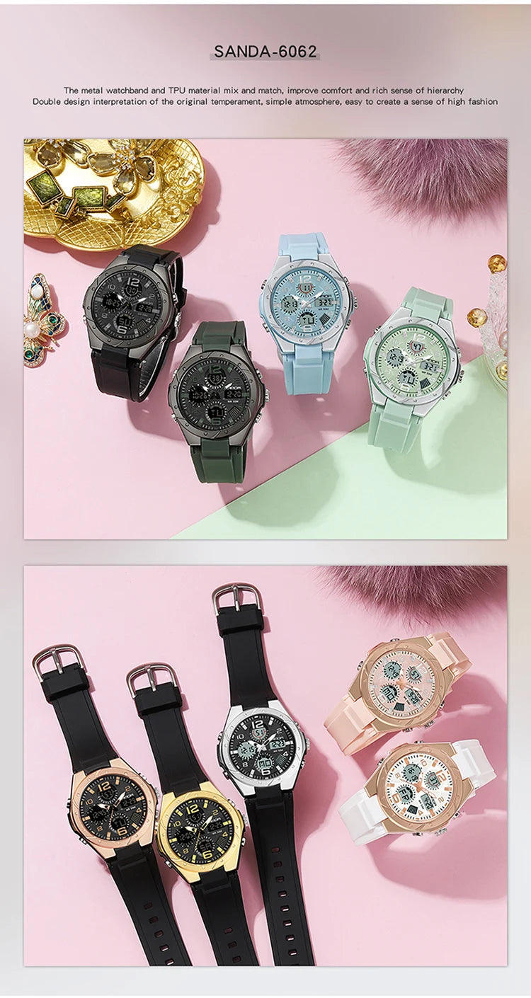 SANDA Top Brand New Lady Luxury Ms LED Digital Sport Watch Leisure Fashion Quartz Watch Women Girl Military 50M Waterproof Watch