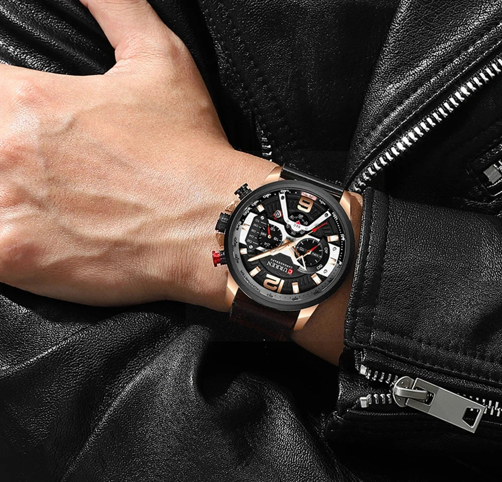 CURREN 8329 herreur – Afslappet sportsstil, militærinspireret design, læderrem, trendy kronograf, luksusur fra et kendt mærke