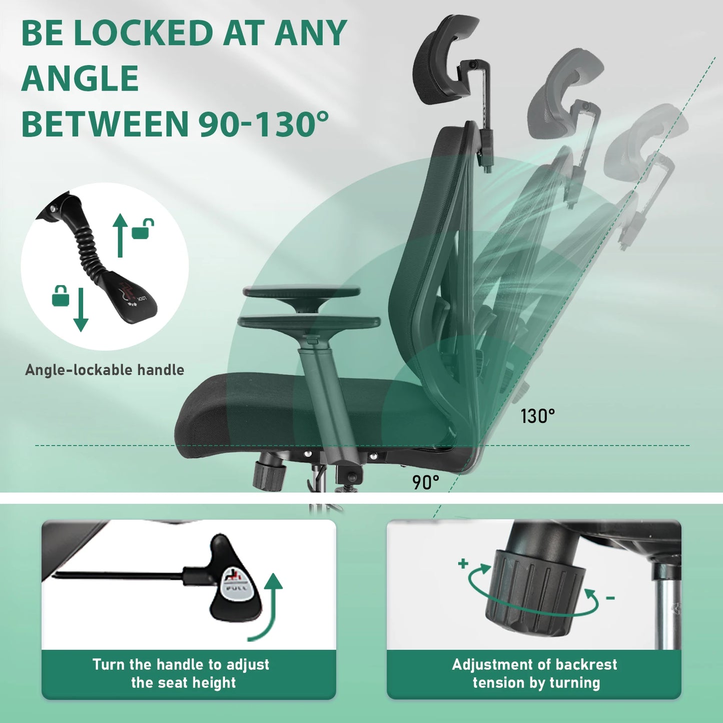 Durrafy Ergonomic Office Chair with Headrest & Armrests, Adjustable Swivel Desk Chair, 90°-130° Reclining Executive Mesh Chair for Home Office