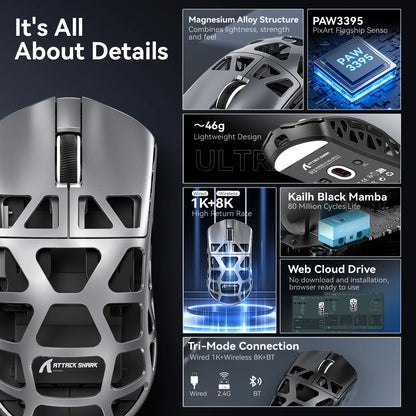 ATTACK SHARK R3 Gaming Mouse Magnesium Alloy Honeycomb,Ultra-Lightweight 8K Hz, PAW3395 Sensor, 26000 DPI, Ergonomic Shel