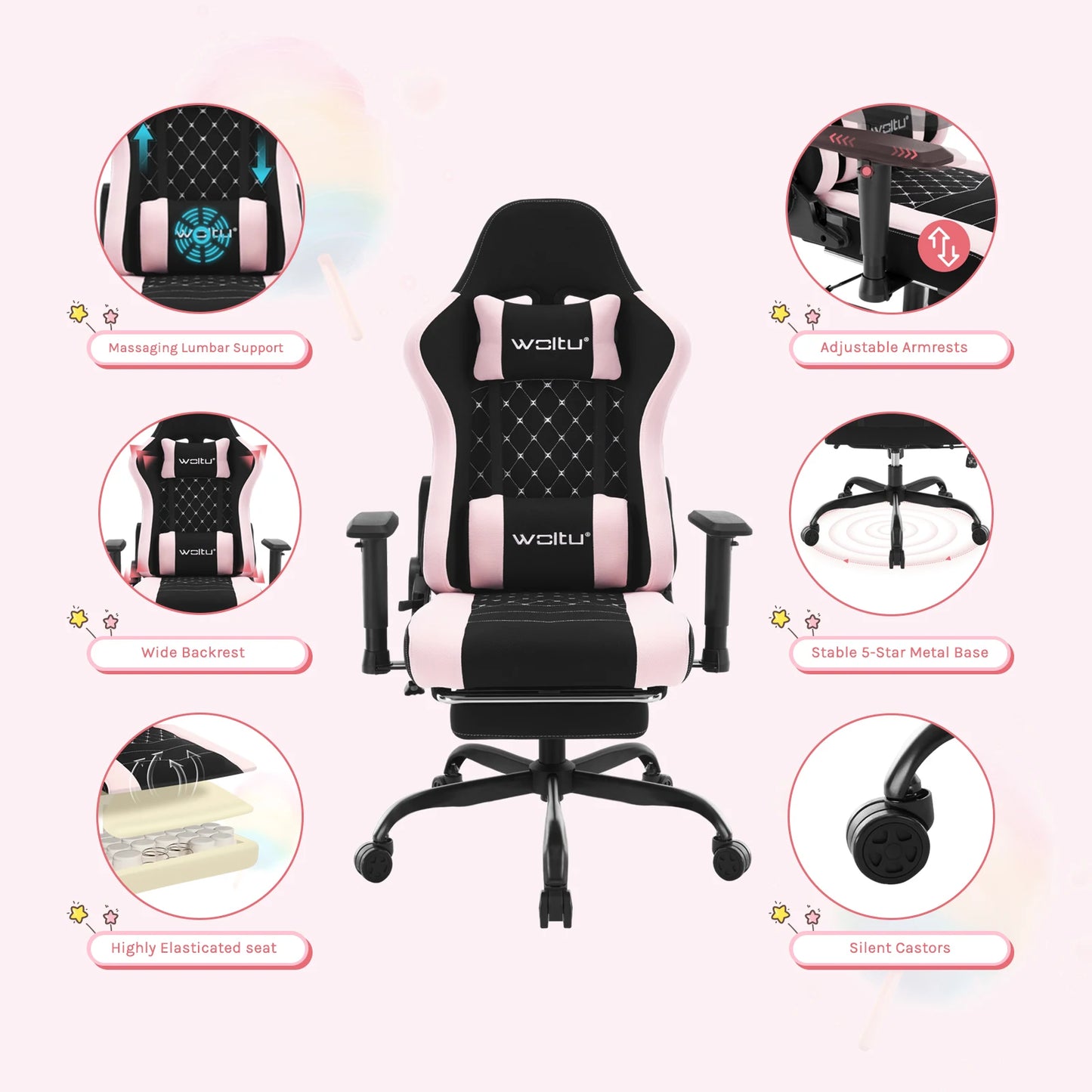 WOLTU Massage Gaming Chair Ergonomic Adjustable Height Office Armchair with Headrest Footrest Swivel Chair Mesh Computer Chair