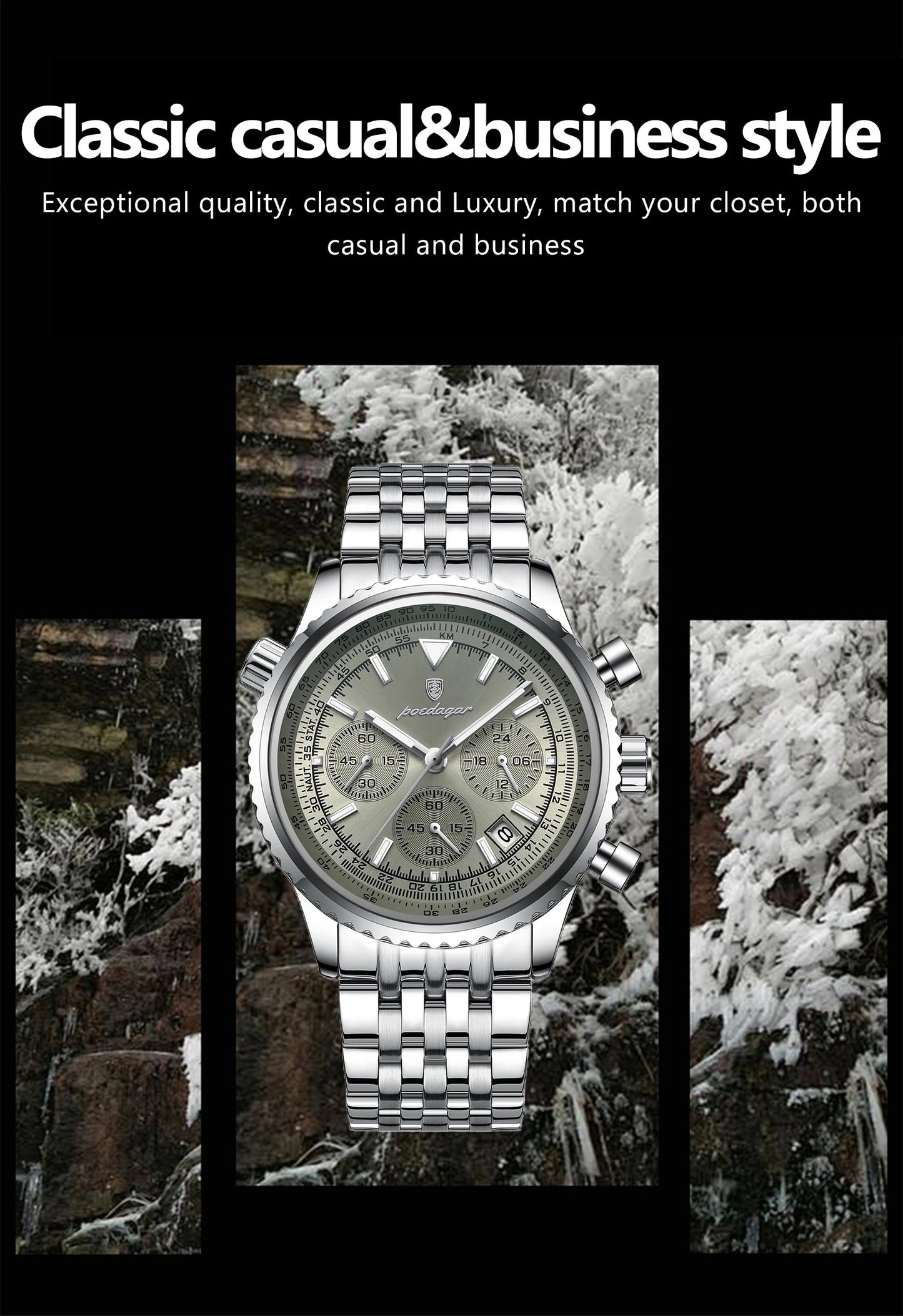 POEDAGAR Fashion Men's Quartz Watch Stainless Steel Waterproof Luminous Man Watch Chronograph Date Multifunction Watches For Men